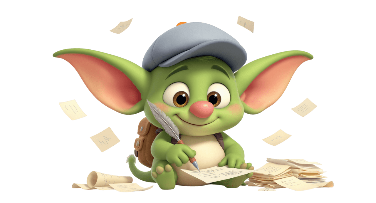 Friendly goblin organizing invoices